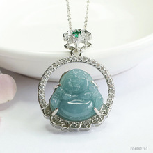 眷钰 天然A货翡翠蓝水佛公吊坠玉石弥勒佛项链批发代发FC4082701