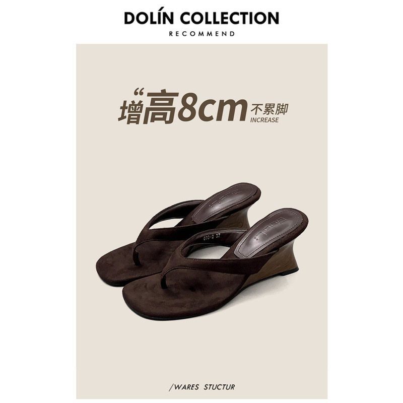 7Cm~Unique Square-Toe Wood-Grain Wedge Flip-Flops, Versatile and Comfortable High-Heeled Summer Sandals for Women