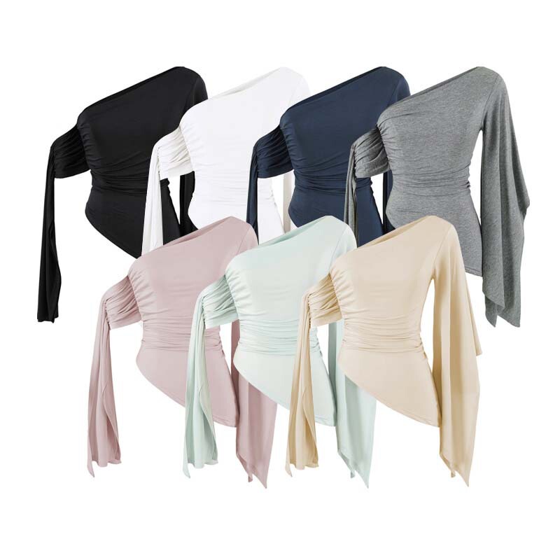 Lyocell irregular off-shoulder design T-shirt with ribbons, waist-cinching top for women, available in seven colors, wholesale for AliExpress and Amazon Lyocell irregular off-shoulder design T-shirt with ribbons, waist-cinching top for women, available in seven colors, wholesale for AliExpress and Amazon