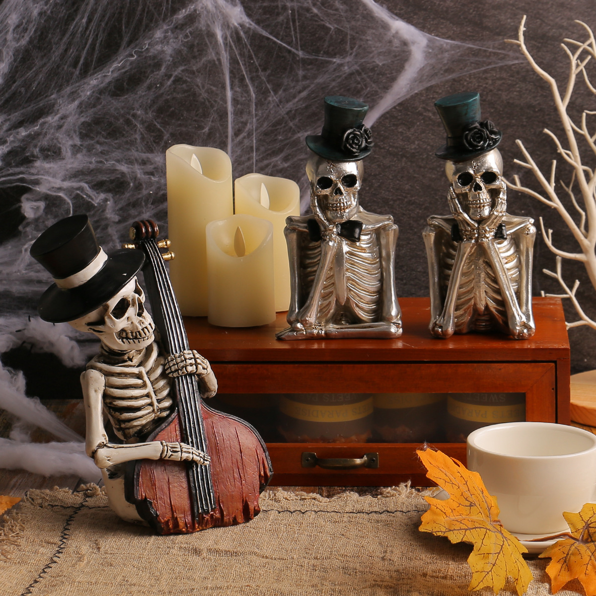 Adornos de personajes de calavera de dibujos animados de resina de Halloween, habitación secreta, casa embrujada, atmósfera divertida, adornos de resina de cráneo