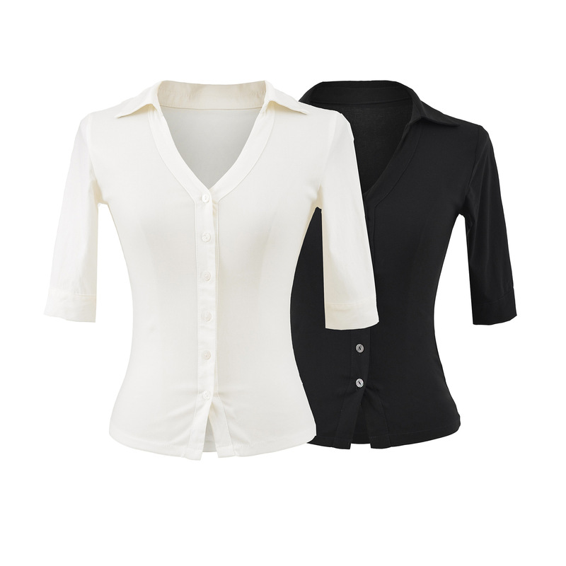 White Slightly See-Through V-Neck Slim-Fitting Five-Quarter Sleeve t Stretch Rayon Polo Shirt Women's Right Shoulder Waist-Cinching Elegant Top Early Autumn