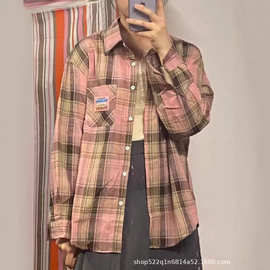 粉色女衬衫高级感新款春秋季格子中长款宽松舒适贴标长袖上衣批发