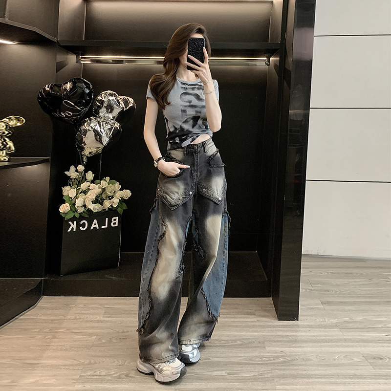 American Street Casual Short-Sleeved T-Shirt for Women, Fashionable Retro Simple Jeans for Women, Spring and Summer New Two-Piece Suit Trendy American Street Casual Short-Sleeved T-Shirt for Women, Fashionable Retro Simple Jeans for Women, Spring and Summer New Two-Piece Suit Trendy