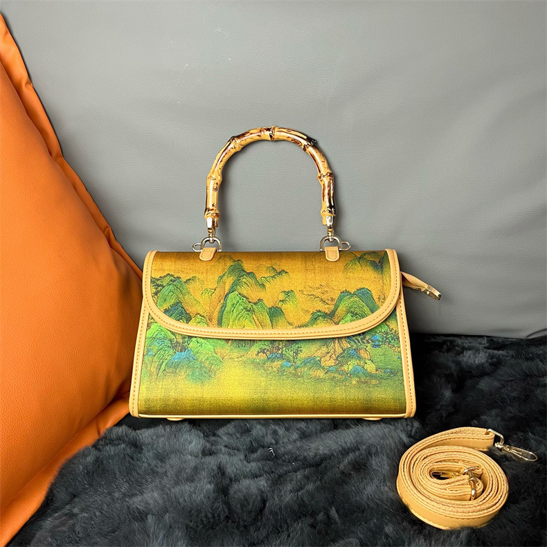 Cross-border Shoulder Bag Women's Atmosphere Chinese Style Vintage Pattern Handbag Xiangyun Yarn Elegant Elegant Bamboo Crossbody Bag Cross-border Shoulder Bag Women's Atmosphere Chinese Style Vintage Pattern Handbag Xiangyun Yarn Elegant Elegant Bamboo Crossbody Bag