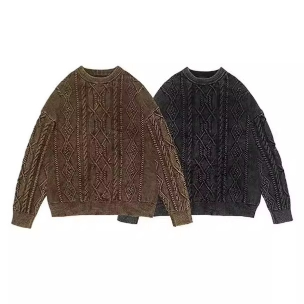 American Autumn and Winter Retro Twisted Flower Distressed Hand-Woven Twist Water-Washed Knitted Men's and Women's Sweaters Processed and Customized