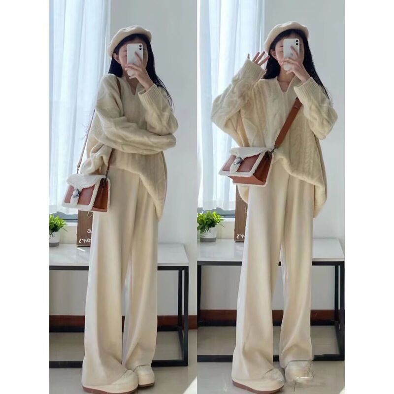 Cream Wide-Leg Pants for Women in Autumn and Winter New Style High-Waisted Loose Straight Beige Casual Pants Suit Trendy