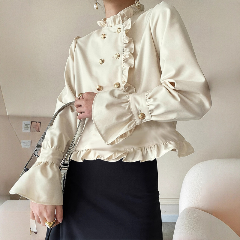 French-Style Stand Collar Palace-Style Shirt for Women, New Spring and Autumn Long-Sleeve Double-Breasted Loose Versatile Ruffle Top French-Style Stand Collar Palace-Style Shirt for Women, New Spring and Autumn Long-Sleeve Double-Breasted Loose Versatile Ruffle Top