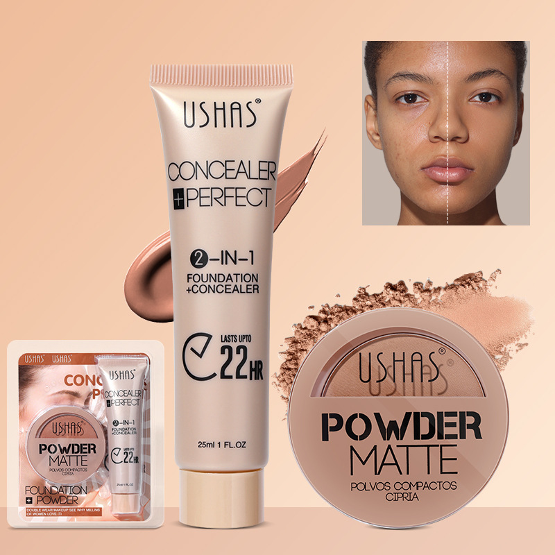 USHAS Cross-border spot maquillaje en polvo base líquida juego de combinación impermeable sin maquillaje para iluminar el tono de la piel Amazon