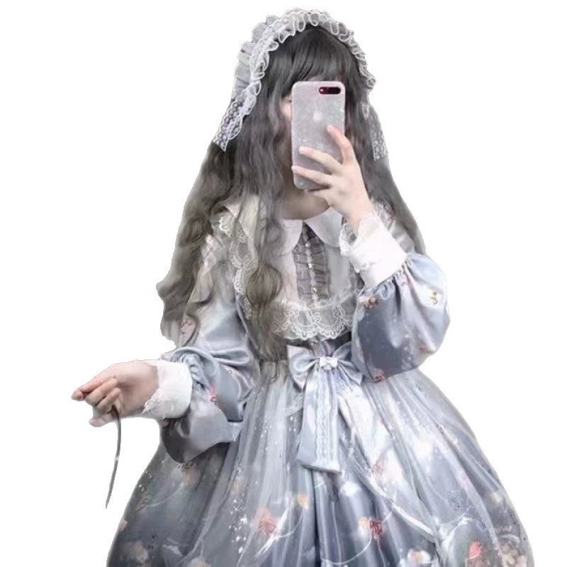 Деми‑сезонная юбка принцессы в стиле Lolita, полный набор, принт «серый стеклянный шар», размеры S–L