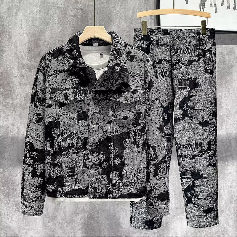2025 Spring New American Style Retro Jacquard Denim suit Fashion Brand Men's Korean Style Slim Fit Workwear Lass Jacket Fashion