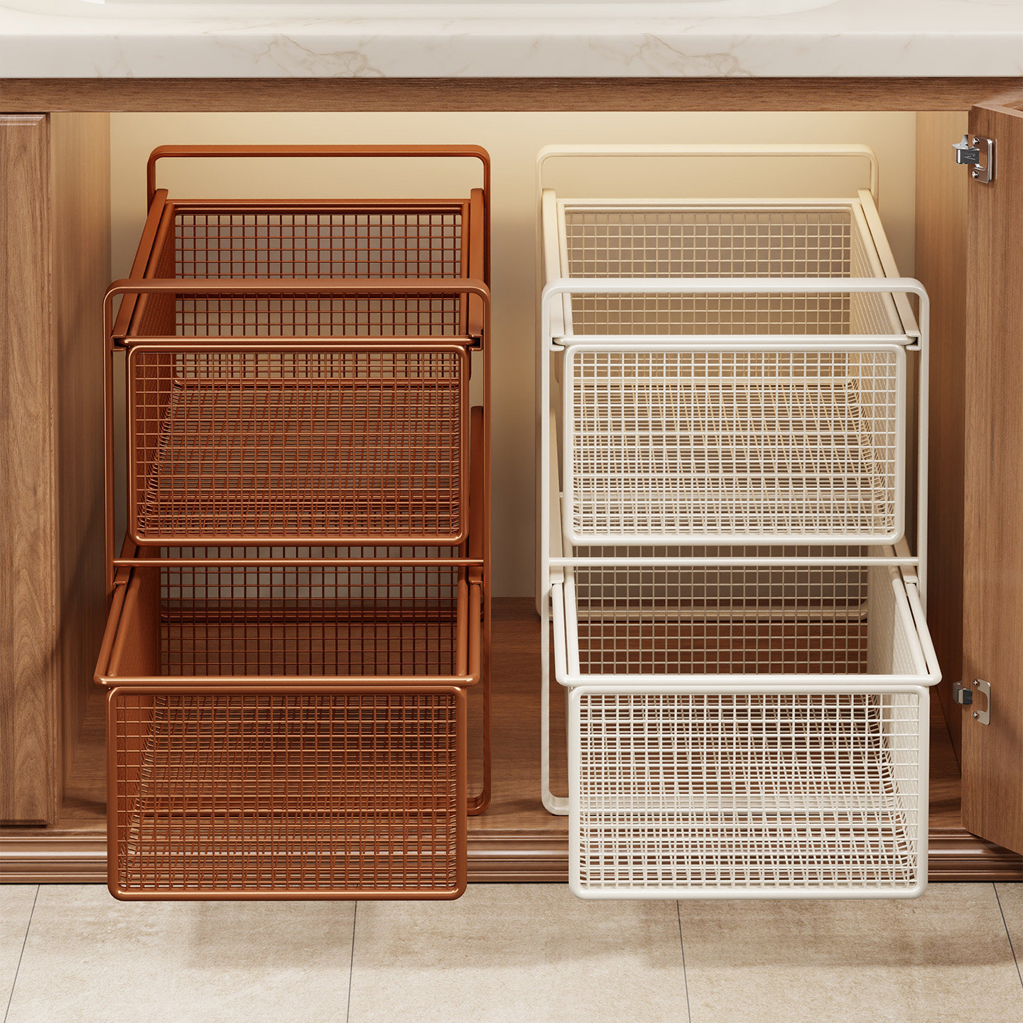 Cabinet shelving, under-sink storage rack, bathroom vanity storage, laundry detergent basket, deep cabinet pull-out basket