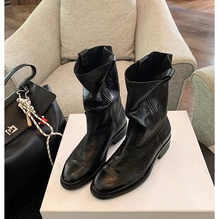 [Sheii Su Yinyin] Burke Highway ~ Horse Leather V-Mouth Boots Thick Heel Short Boots Women's Desert Boots Western Style