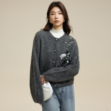 高级感 软糯羊驼毛开衫内搭针织毛衣外套女装25新款钉珠秋冬上衣