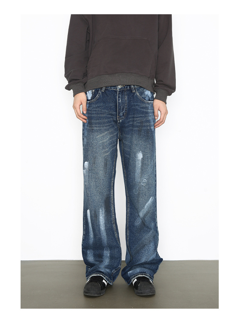 Hand-Painted American Style Straight-Leg Jeans For Men - Vintage Washed Denim Pants With Flared Hem, Comfortable Cotton Blend Fabric_mkmklike.com