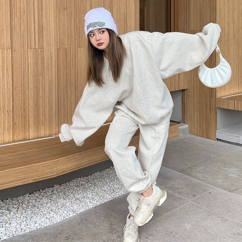 时尚运动服套装女秋冬季慵懒风色宽松圆领卫衣束脚裤休闲两件套|undefined