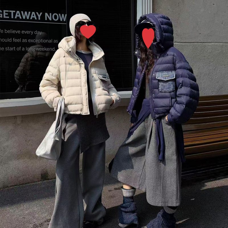 2026 winter women's short down jacket with denim pocket patchwork, Korean-style hooded white duck down puffer coat, thick 2026 winter women's short down jacket with denim pocket patchwork, Korean-style hooded white duck down puffer coat, thick