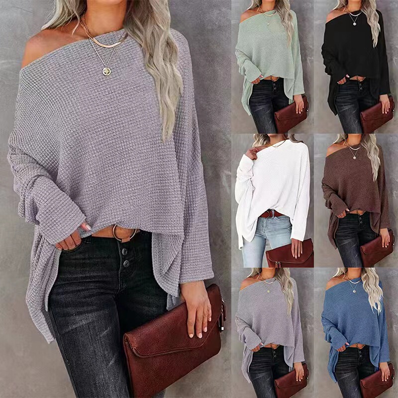 Amazon Women's Casual Off-Shoulder Bat Long Sleeve Waffle Knitted Pullover Sweater Pullover Waistband