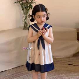 韩版女童2026夏季新款海军风条纹背心裙小女孩撞色蝴蝶结衬衫裙子