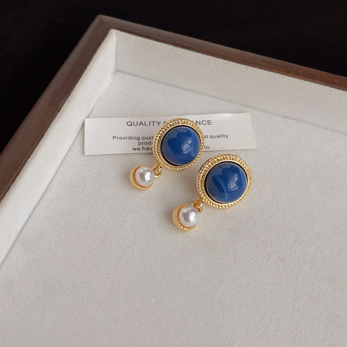 Small fresh blue oil drop earrings retro literary fashion temperament earrings niche high-end whitening earrings wholesale