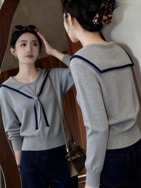 Gray navy collar elegant high-end knit sweater for women, new autumn and winter Korean style, casual and versatile, slimming and trendy top