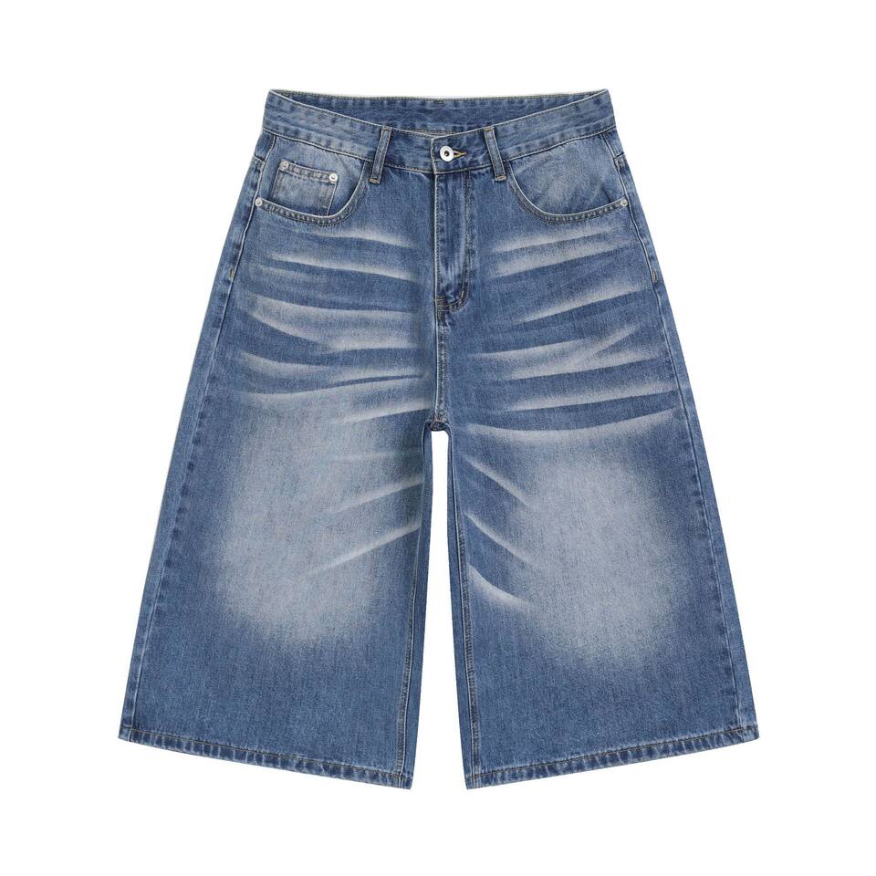 Quần short jeans nam ống rộng dáng lửng phong cách retro giặt mài — Màu xanh dương, Xanh nhạt