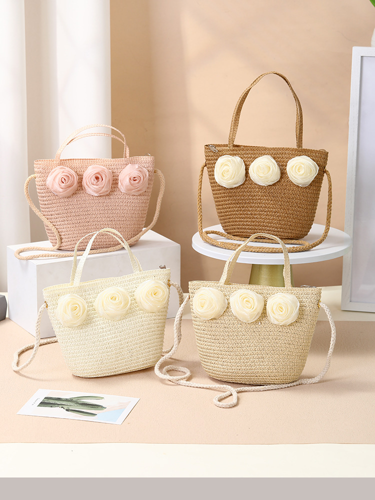 153g Weight Women's Straw Color Block Flower Vacation Beach Weave Square Zipper Straw Bag