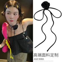 高端缎面颈花韩国博主同款立体花朵颈链choker脖子玫瑰花项链配饰