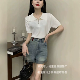 设计感半拉链短袖针织衫女夏季2026气质显瘦百搭短款Polo领上衣潮
