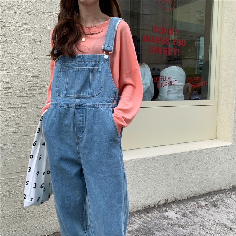 Korean Style Denim Overalls for Women 2025 Spring and Autumn High-Waisted Straight Wide-Leg Floor-Length Jumpsuit with Drape Effect Jeans