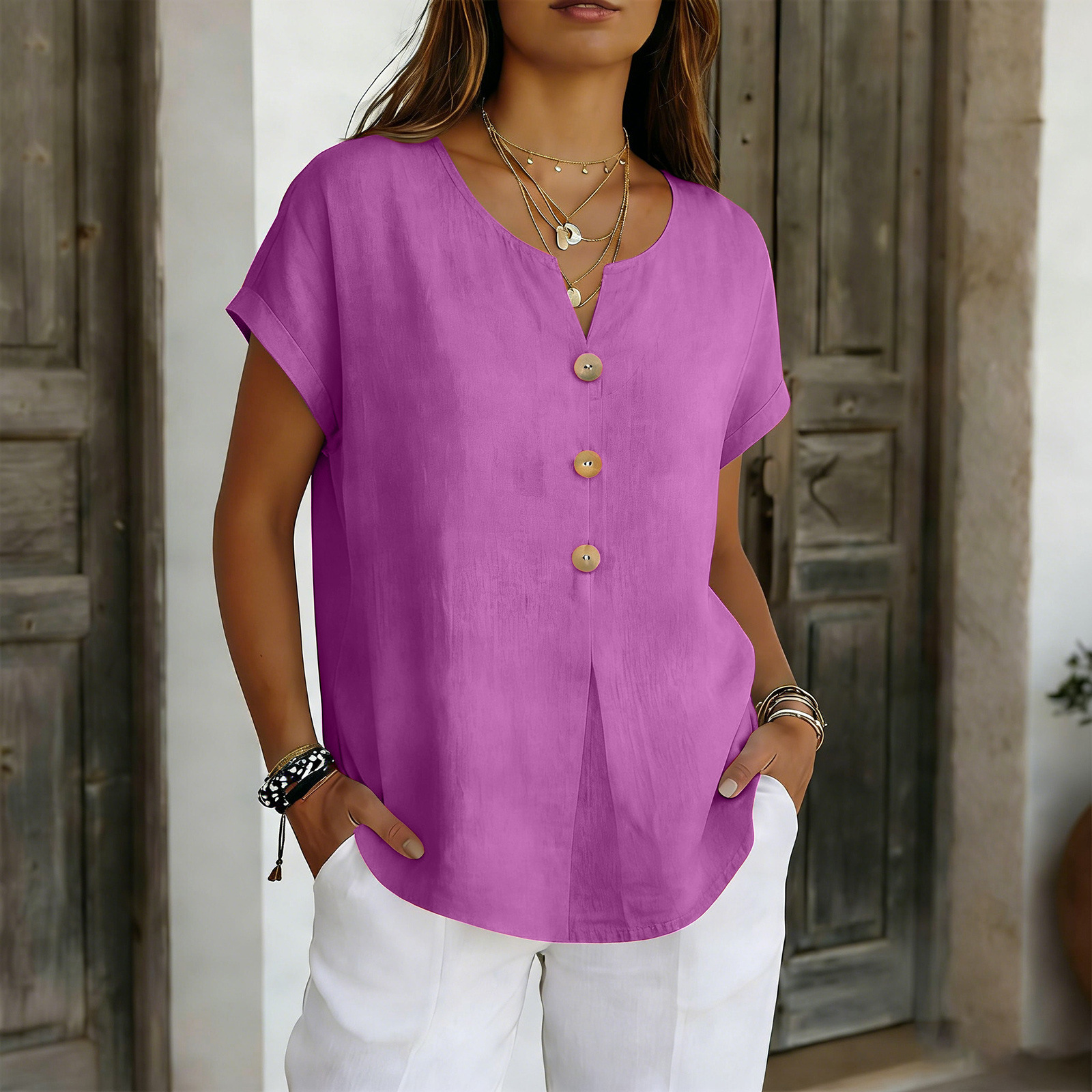 Breathable Button-Front V-Neck Blouse, Loose Fit Short Sleeve Top For Women, Soft Polyester Casual Shirt For Work And Daily Wear_ecoleips.com