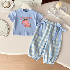 女の子スーツ半袖夏2025新作tシャツ洋気韓国版子供用格子2点セット