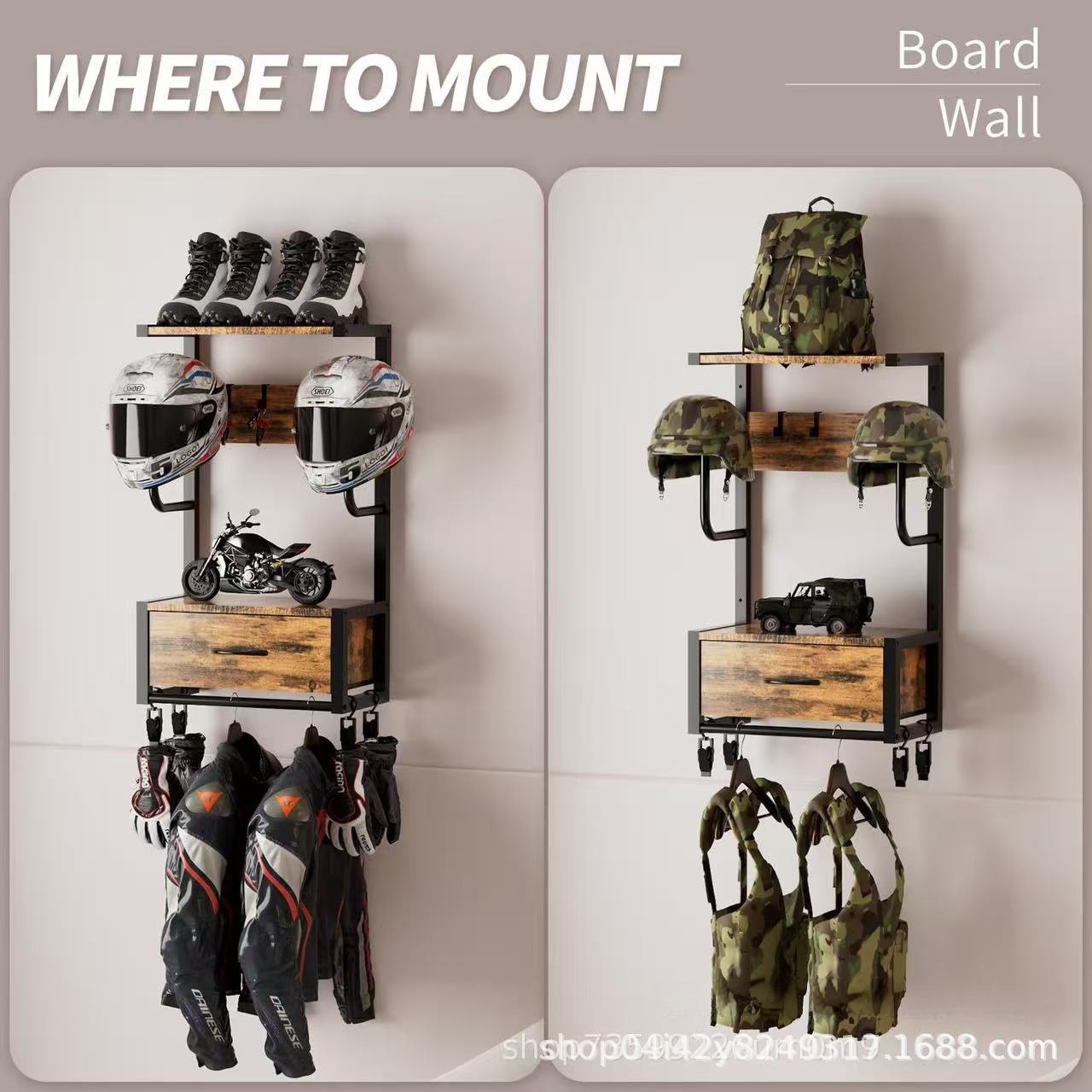 Wooden Motorcycle Helmet Holder Wall-Mounted Helmet Stand with Helmet Rack Riding Gear Accessories Storage Organizer