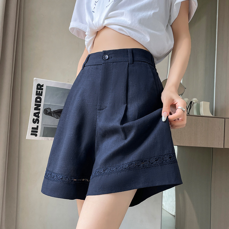 Quần short vải lanh nữ cạp cao ống rộng dáng chữ A — Xanh lông mòng đen