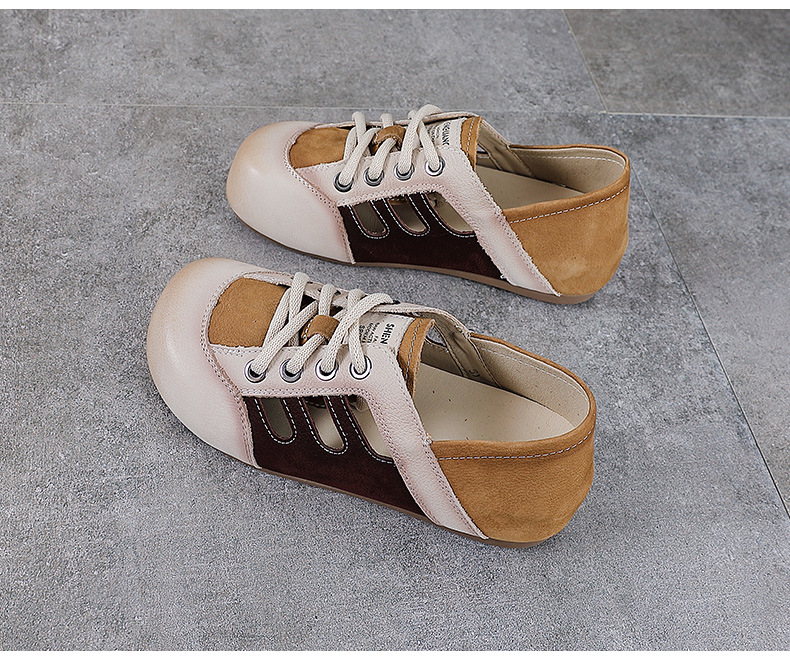 Giày sneaker nữ da thật phối màu cổ điển, đục lỗ thoáng khí, đế êm — màu nâu chi tiết 14