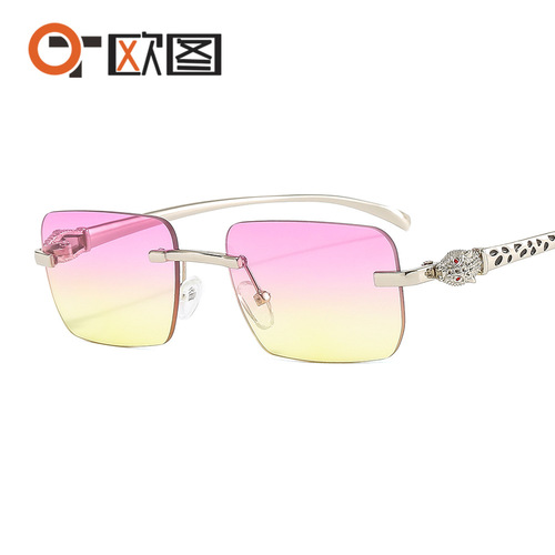 Colorful leopard head decoration frameless small square sunglasses fashion retro trend personality cross-border sunglasses 6060