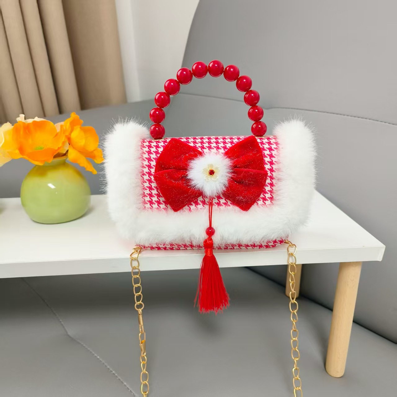 Bolso de la princesa portátil de perlas de Año Nuevo gran rojo para niños bolso de Año Nuevo bolso de chicas bolso de cadena pequeña bolsa de accesorios de viento fragante