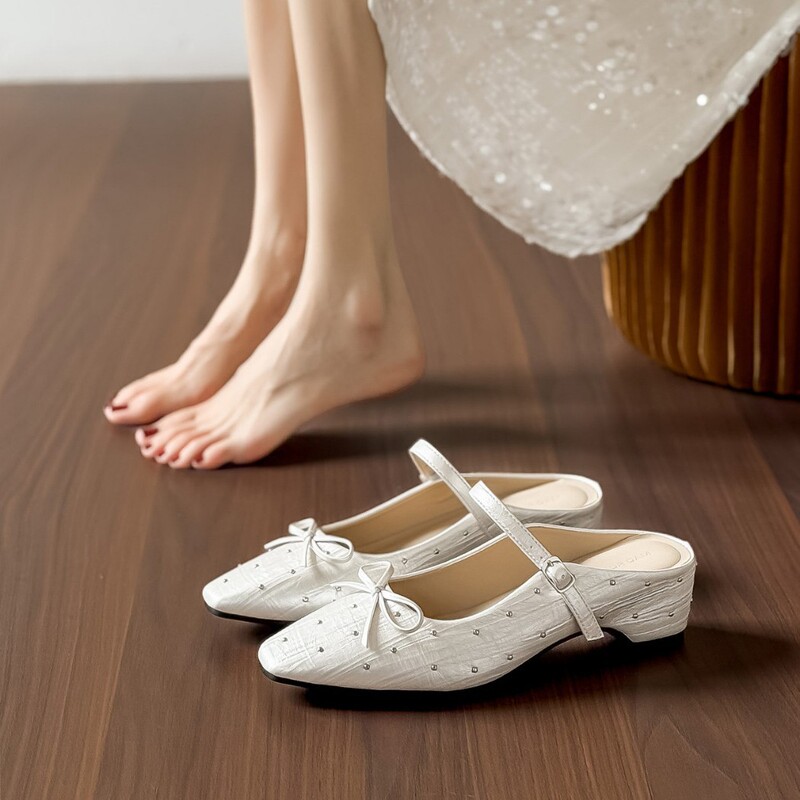 5CM French-style bow-tie stiletto heel mules, new women's square-toe Mary Jane mules with a single-strap design 5CM French-style bow-tie stiletto heel mules, new women's square-toe Mary Jane mules with a single-strap design