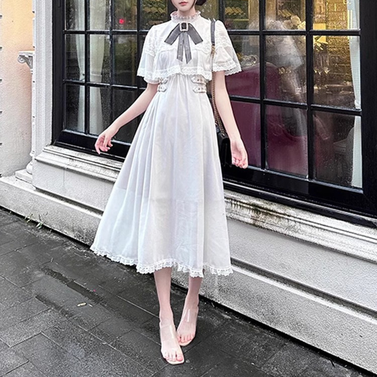 Japanese-Style Short-Sleeve Dress for Women with Cape, Mesh, Large Bow, Lace Trim, Elegant Splicing Long Dress, Wholesale Japanese-Style Short-Sleeve Dress for Women with Cape, Mesh, Large Bow, Lace Trim, Elegant Splicing Long Dress, Wholesale