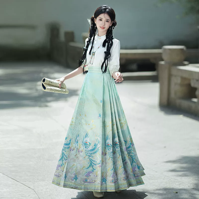 Новый китайский стиль, ретро, ​​улучшенный Hanfu, летняя жаккардовая вышивка, национальный тренд, цельный комплект из парчовой юбки с лошадиным лицом для женщин