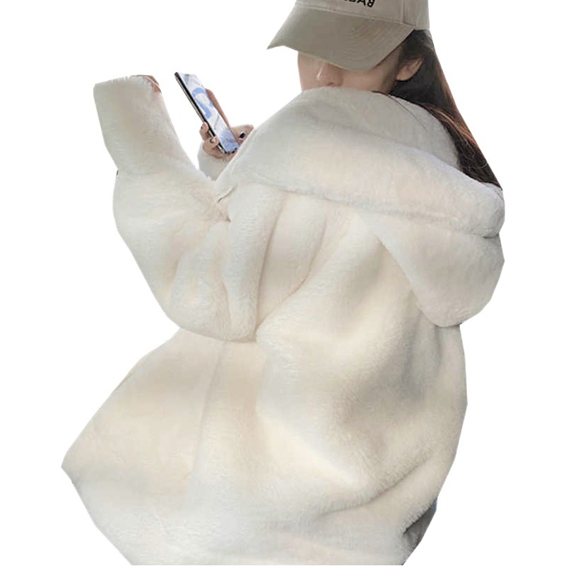 2025 New Autumn and Winter Loose and Lazy Hooded Lamb Plush Fleece-Lined Thickeneded Imitation Fur Plush Jacket