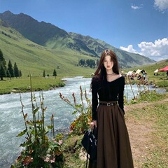 大码秋季新款穿搭一整套韩系套装女一字肩上衣百褶半身裙两件套（