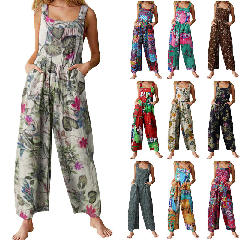 2026 Spring Women's Fashion Ethnic Style Patchwork Print Button Jumpsuit Overalls Long Pants 2026 Spring Women's Fashion Ethnic Style Patchwork Print Button Jumpsuit Overalls Long Pants