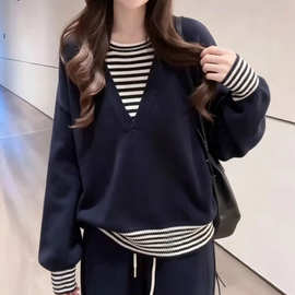 慵懒风条纹拼接假两件针织衫女秋季大码胖MM时尚宽松休闲长袖毛衣