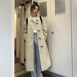 2025年春秋新款纯色学院风牛角扣外套日系百搭工装休闲中长款风衣