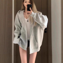 早秋加厚慵懒风连帽卫衣女冬季加绒新款休闲宽松上衣开衫拉链外套