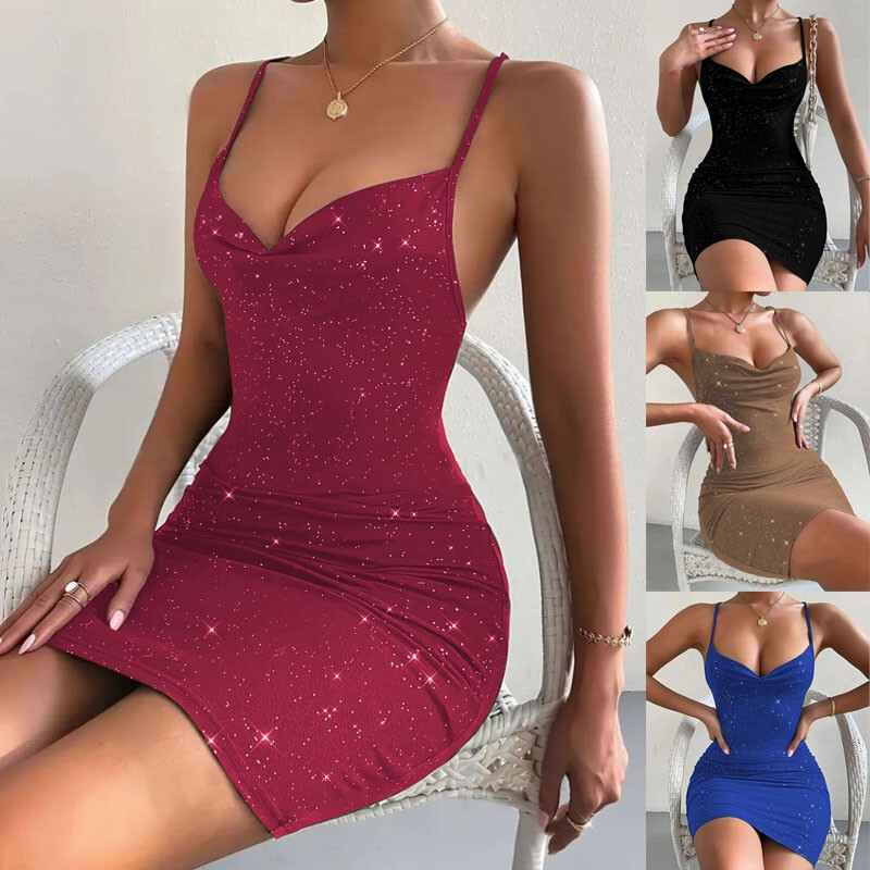 2025 New Cross-Border Amazon Pure Color V Neck Hot Stamping Sexy Elegant Slim Cross Shoulder Strap Dress for Women