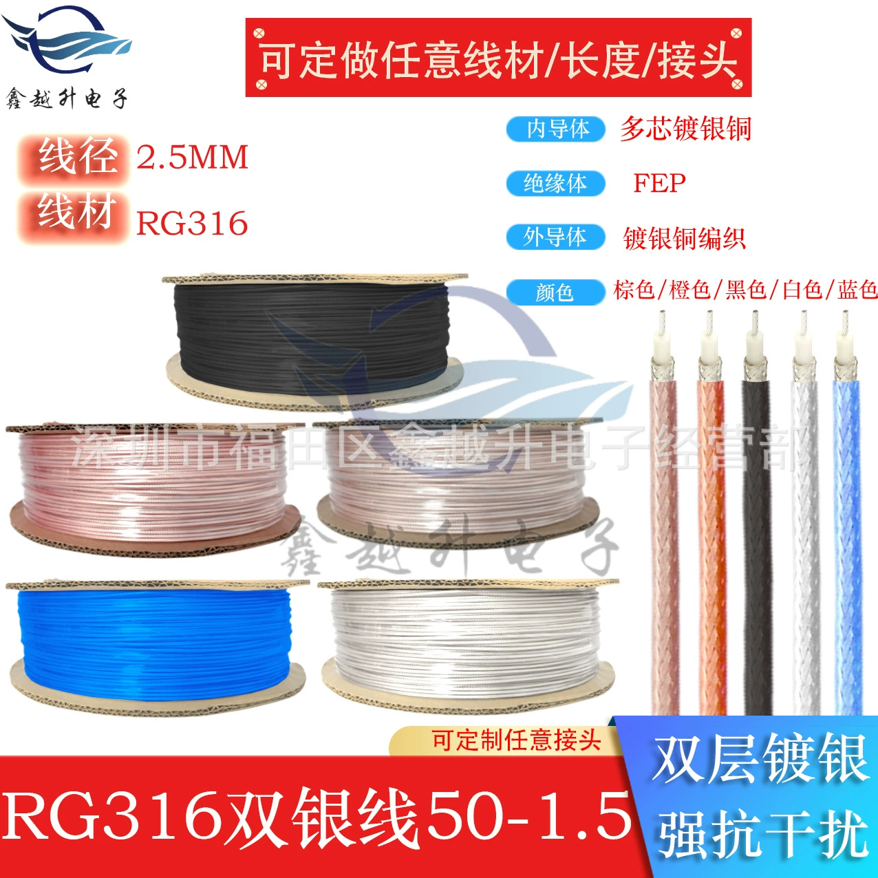 Коаксиальный кабель RG316 RF, медный посеребренный экранированный высокотемпературный провод, 50 Ом, сигнальный провод, 50-1,5 фидерный кабель