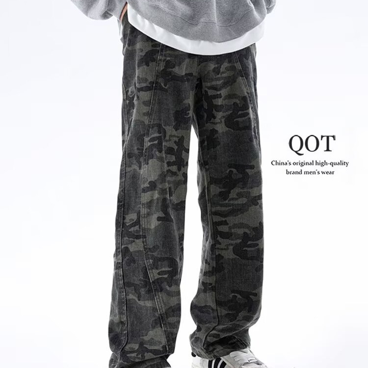 Monos de hip-hop de la calle americana, jeans de camuflaje retro de la marca de moda de la calle alta, pantalones rectos sueltos