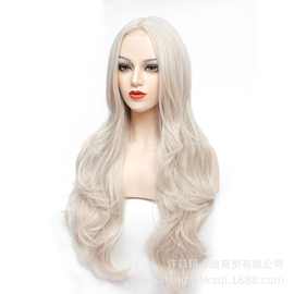 欧美假发 女士白色长波浪卷发蕾丝头皮化纤假发头套亚马逊热销女