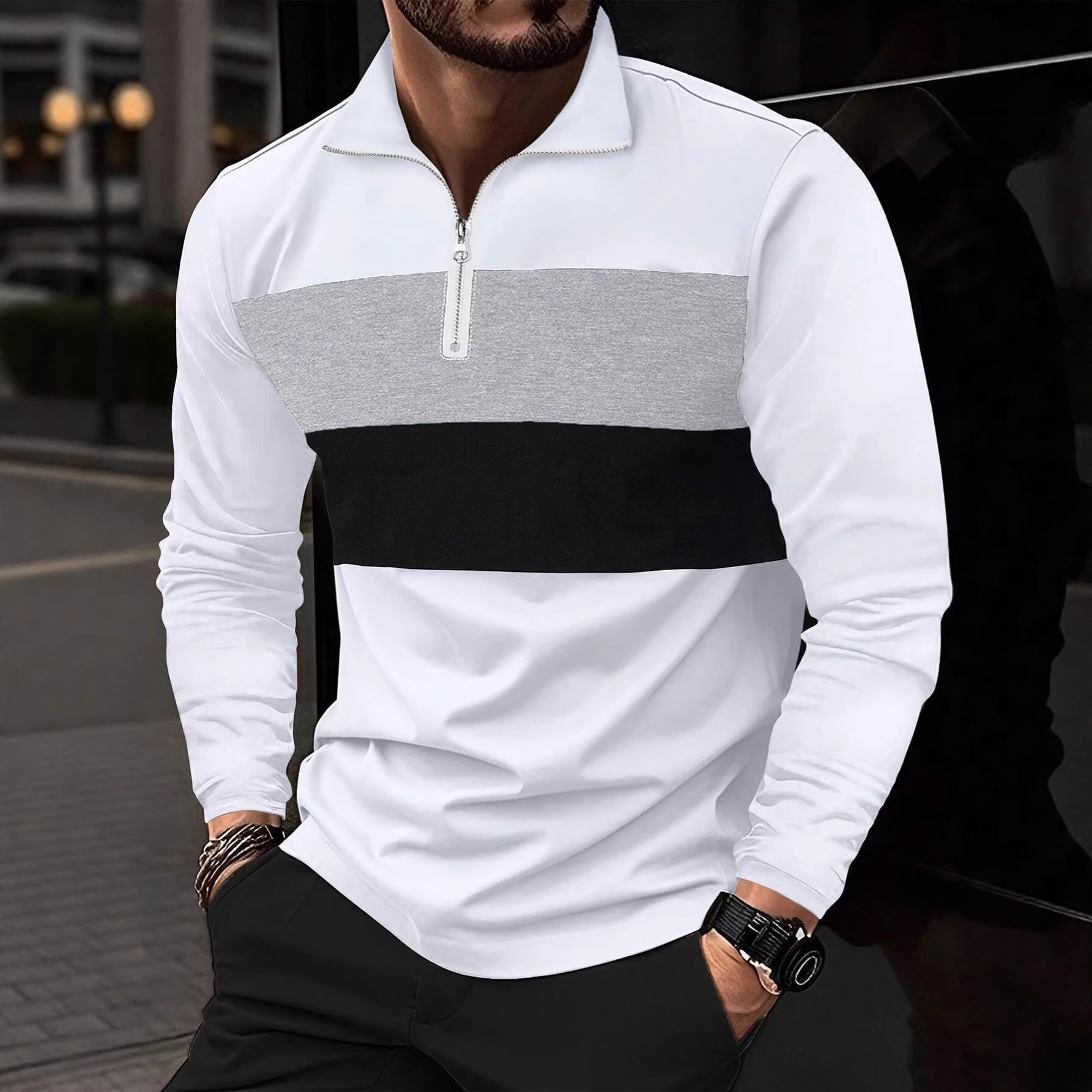 Transfronterizo tamaño europeo primavera otoño retro moda hombre cremallera con solapa de manga larga diseño de tendencia de temperamento jersey
